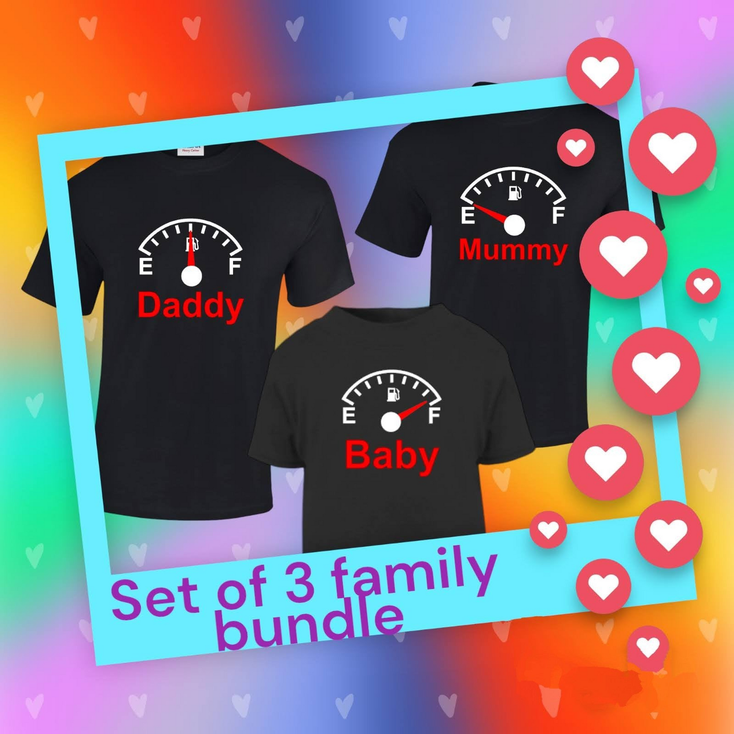 Fuel Gauge Set of 3 Family Bundle T-Shirts With Names