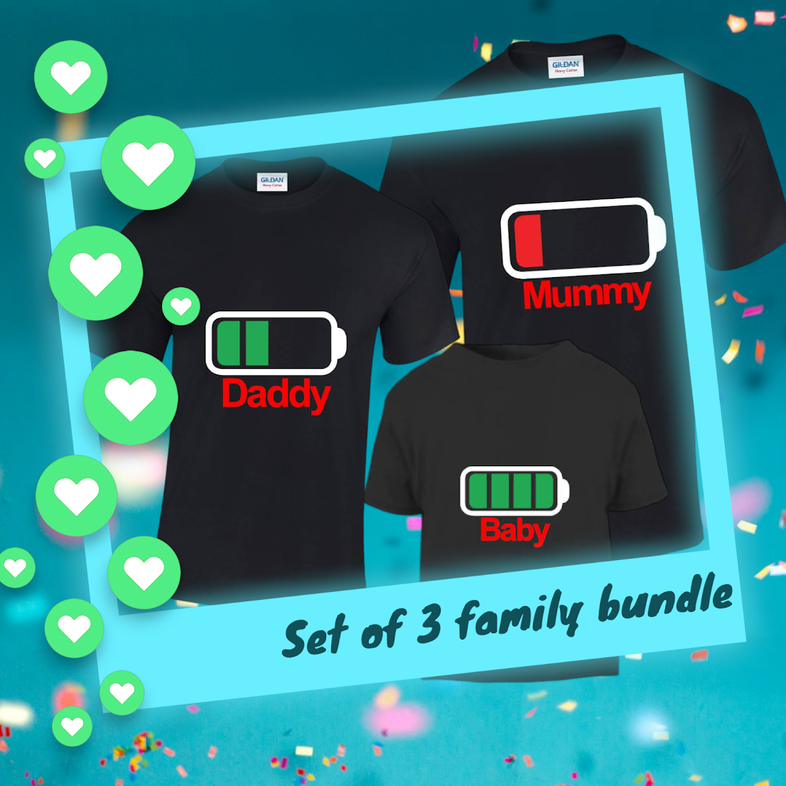 Battery Charge Set of 3 Family Bundle T-Shirts With Names