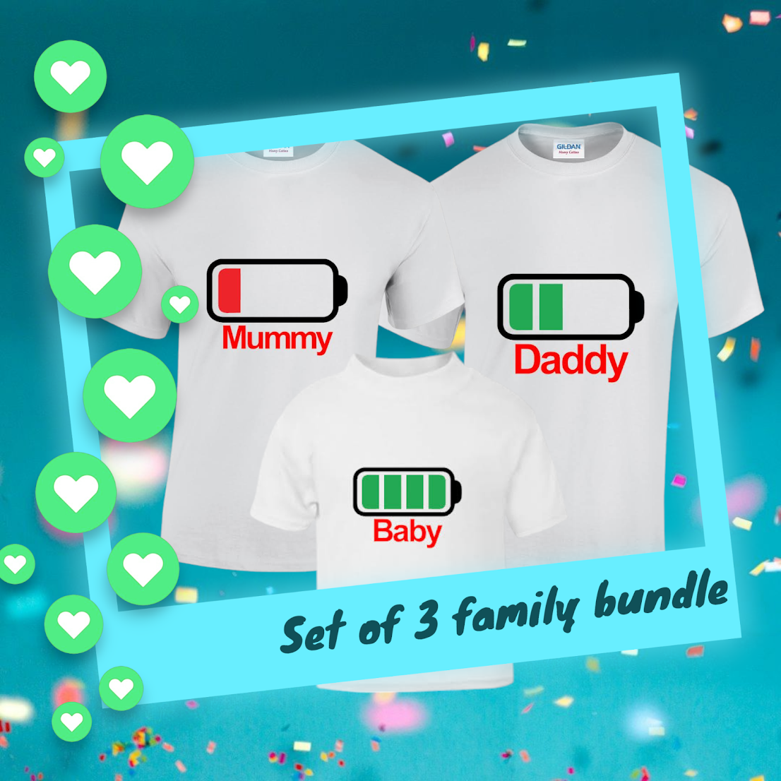 Battery Charge Set of 3 Family Bundle T-Shirts With Names